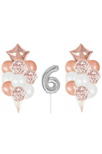 Deniz Party Store Silver 6 Year Old Rose Gold Confetti Transparent Balloon Set