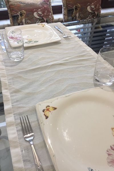 CLARISS HOME Runner, Linen, Wave Pattern, Jacquard, Stone Color, Table Cloth, Kitchen 40 X 140