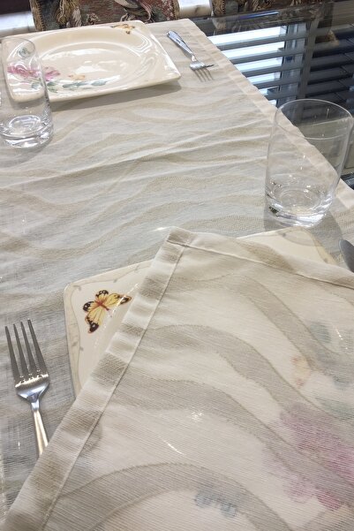 CLARISS HOME Runner, Linen, Wave Pattern, Jacquard, Stone Color, Table Cloth, Kitchen 40 X 140