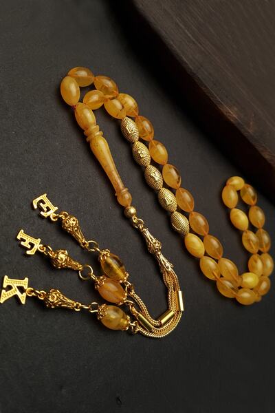 OTTOTESBİH Altın Kaplama Gümüş Püsküllü Gümüş Harfli Sıkma Kehribar Tesbih, I...