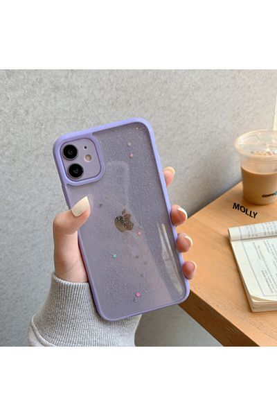 Molly iPhone 11 Compatible Edges Lilac Color Glitter Transparent Silicone Pc Case