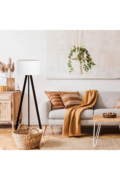 HOMİNG Kumaş 3 Ayak Koyu Venge Ayak Mdf Lambader / Beyaz Başlık