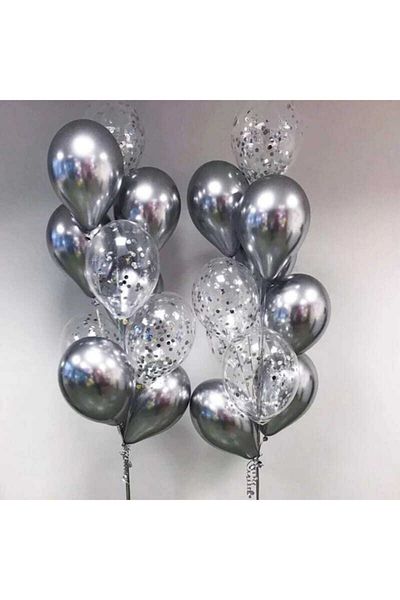 Deniz Party Store Set of 12 Chrome Silver and 12 Silver Confetti Transparent Balloons