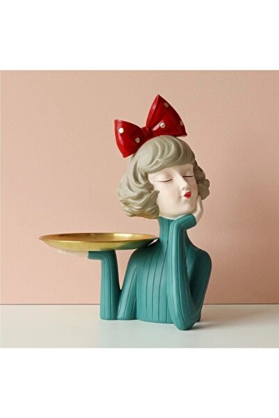 Tual Hobi Sanat Decorative Girl Statue with Metal Plate, Modern Home Decorati...