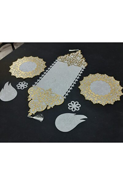 SEHARA Kadife,varaklı Deri Işlemeli/3 Parça/1 Runner,2 Sehpa Örtüsü,(KAHVE SU...