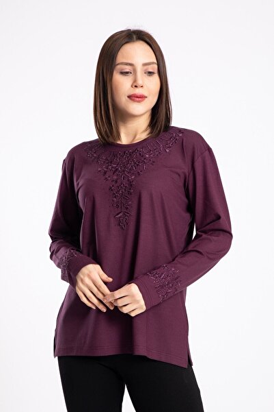 Nacar Anne Yaka Süslemeli Penye Bluz( Yaka Deseni Farklılık Gösterebilir )