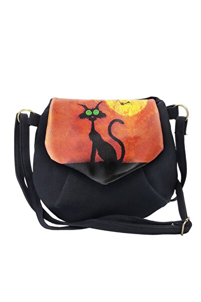 Perabags Kadın Siyah Kedi Baskılı Heybe