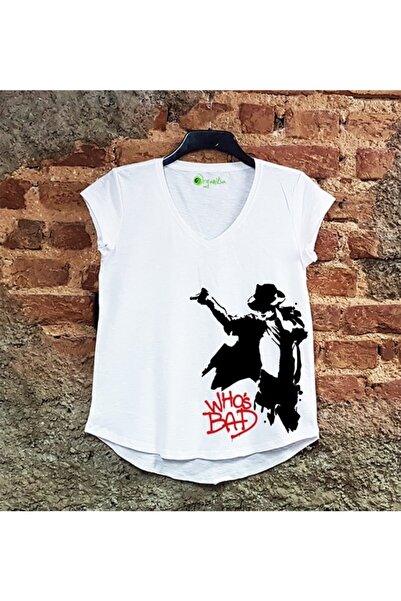 SCUBAPROMO Kadın Beyaz  Micheal Jackson Who S Bad Baskılı Salaş Tişört