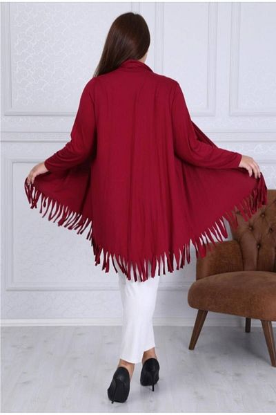 LİKRA Women's Claret Red Large Size Asymmetrical Cut Tasseled Loose Viscose Cardigan