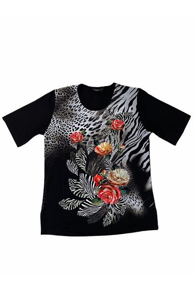 Elele Tricou de damă din bumbac pieptănat cu model de flori de leopard negru