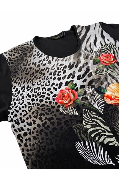 Elele Tricou de damă din bumbac pieptănat cu model de flori de leopard negru