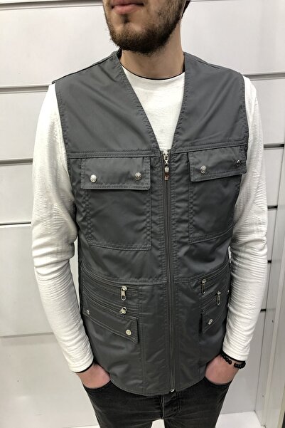Derikom Men's Gray Multi-Pocket Zippered V-Neck Dad Vest