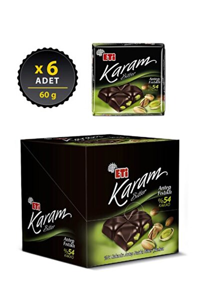 Eti Karam Antep Fıstıklı Kakaolu Bitter Çikolata 60 G X 6 Adet