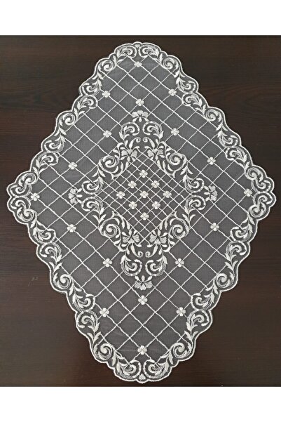 Beyaziş Çiçek Desenli Gipürlü Tül Tepsi Örtüsü - Ekru Renkli - 38x29cm