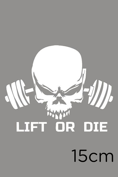 MIGNATIS Autocolant cu craniu alb Barbells Lift Or Die - Lipire de 15 cm
