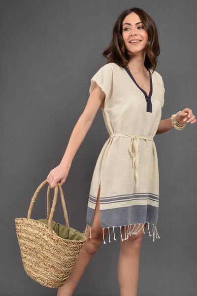 Dosimira Γυναικείο μπεζ ναυτικό φόρεμα παραλίας με εφέ λινό από φυσικό βαμβάκι