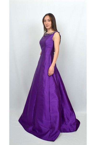 ALİS DRESS فستان سهرة نسائي ذو ياقة أرجوانية مطرز بالخرز وتفاصيل خلفية