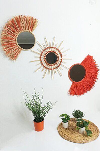 Bubihome Turuncu Rafya & Hasır & Bambu Ayna Seti 3 ' Lü