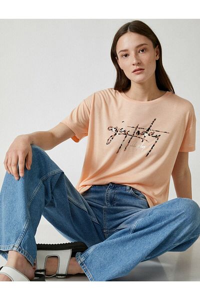 Koton Γυναικείο T-Shirt Pink Slogan Crew Neck