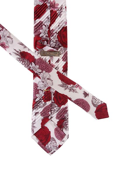 Kravatkolik White Red Rose Pattern Pleated Silk Tie Es134
