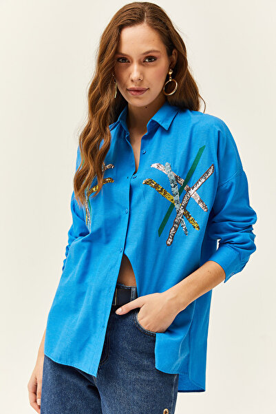 Olalook Women's Saks Blue Colored Sequin Stick Woven Shirt GML-19001164