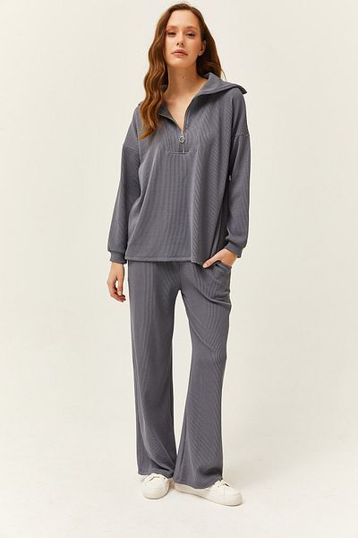 Olalook Women's Smoked Top Zippered Sweater Bottom Pocket Palazzo Trousers Set TKM-19000240