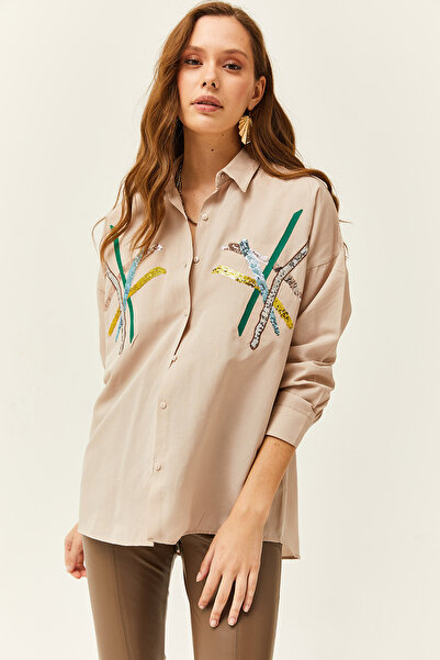 Olalook Women's Stone Colored Sequin Barred Woven Shirt GML-19001164