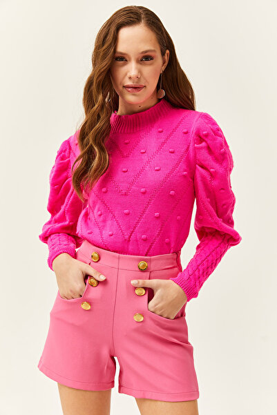 Olalook Kadın Fuşya Minik Ponponlu Kol Detaylı Bel Üstü Triko Kazak KZK-19000253