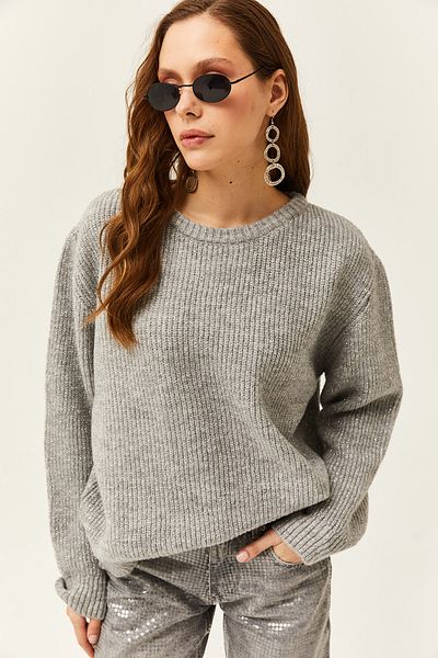 Olalook Pulover de damă gri cu gât cu sclipici, tricotaj cu textura moale KZK-19000696