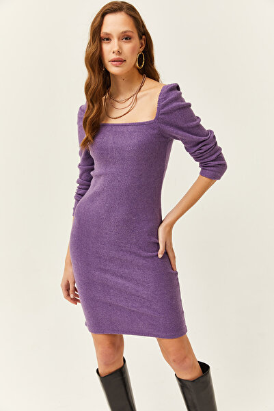 Olalook Kadın Mor Kare Yaka Likralı Elbise ELB-19001612