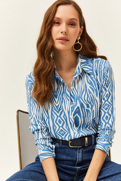 Olalook Cămașă de damă din viscoză cu model zebră Indigo GML-19000670