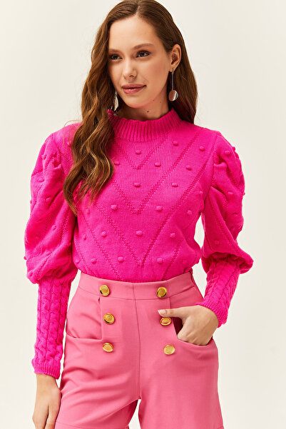 Olalook Kadın Fuşya Minik Ponponlu Kol Detaylı Bel Üstü Triko Kazak KZK-19000253