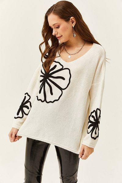 Olalook Ecrufarbener, gemusterter Strickpullover mit V-Ausschnitt und weicher Struktur für Damen KZK-19000695
