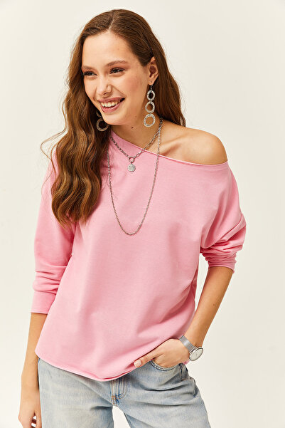 Olalook Women's Candy Pink Asymmetric Collar Printed Soft Textured Thin Sweatshirt Swt- 19000630