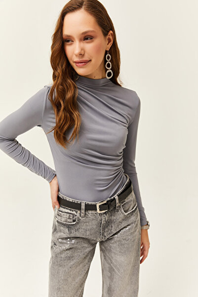Olalook Kadın Gri Dik Yaka Büzgü Detaylı Likralı Bluz BLZ-19002426