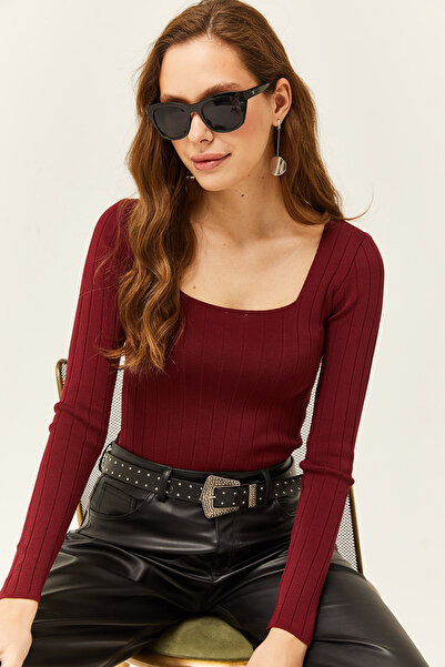 Olalook Kadın Bordo Kare Yaka Kalın Fitilli Triko Bluz BLZ-19002040