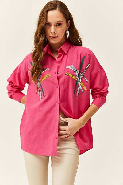 Olalook Γυναικείο πουκάμισο υφασμένο με ραβδί πούλιες με φούξια χρώμα GML-19001164