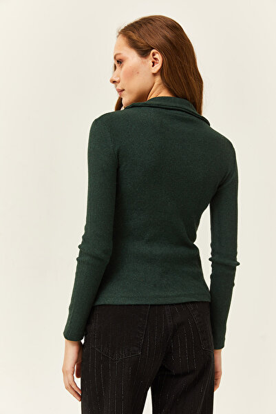 Olalook Kadın Zümrüt Yeşili Polo Yaka Şardonlu Kaşkorse Bluz BLZ-19002028
