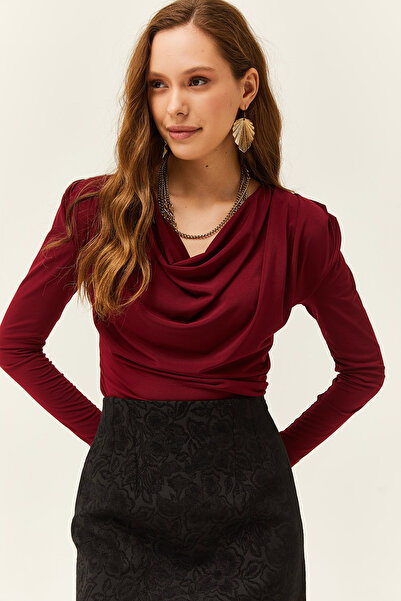 Olalook Women's Claret Red Padded Pleated Collar Blouse BLZ-19002419