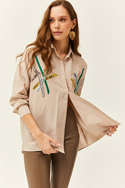 Olalook Women's Stone Colored Sequin Barred Woven Shirt GML-19001164