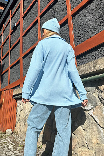 Trend Alaçatı Stili Cămașă supradimensionată pentru femei, albastră, cu buzunar dublu Vaffle ALC-X11194