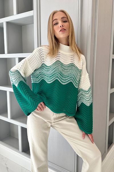 Trend Alaçatı Stili Grüner halber Rollkragenpullover für Damen mit Lochmuster und Blockmuster ALC-X11187