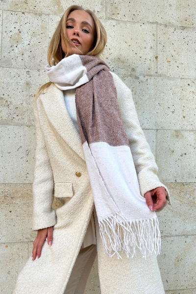 Trend Alaçatı Stili Şal de damă Ecru cu ciucuri cu model ALC-X11280