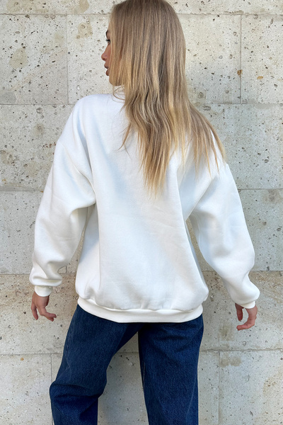 Trend Alaçatı Stili Dámska rebrovaná mikina Ecru Crew s vyšívaným 3 vláknami ALC-X11189