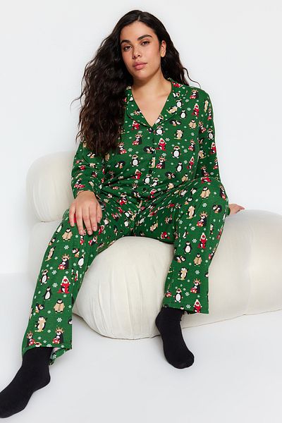 Trendyol Curve Green Shirt Collar New Year's Pajamas Set - TBBAW24AI00002