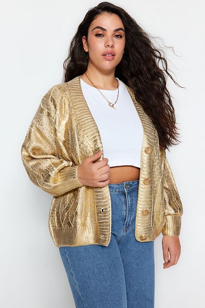 Trendyol Curve Glänzende Strickjacke mit Haargummi – TBBAW24AV00033 mit Goldbeschichtung