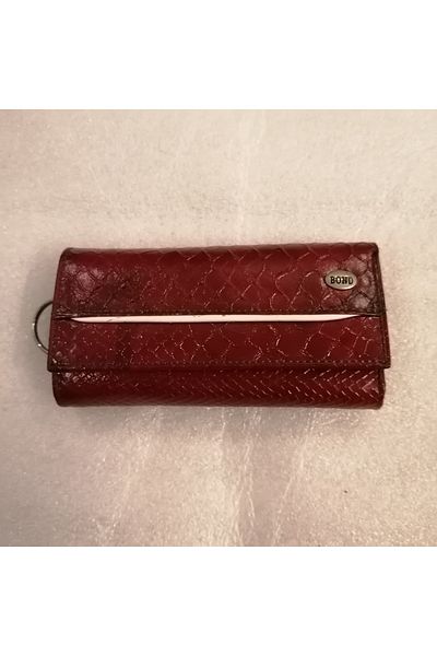 Bond Unisex Genuine Leather Burgundy Snake Print Shaded 3 Hidden Compartments 6 Hooks Ring Strap Wallet Keychain
