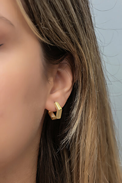 Nereze 925 Ayar Gümüş Gold Kaplama 15 mm Beşgen Küpe