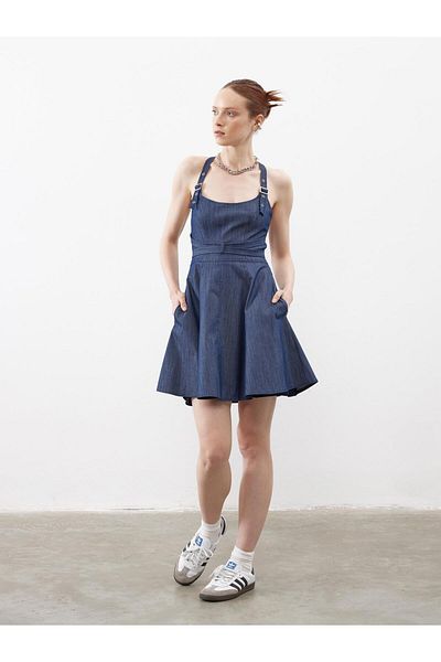 Juste Strap Detail Flounce Dress Blue