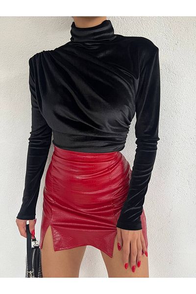 Fav Style Γυναικείο γιακά με ώμους και μέση μακρυμάνικη βελούδινη μπλούζα μαύρη